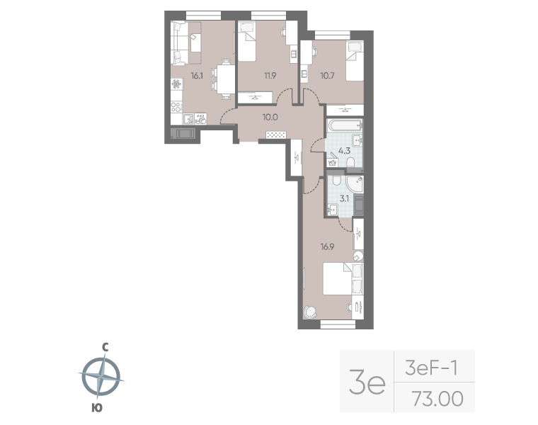 4-комнатная (Евро) квартира, 73 м² в ЖК "Большая Охта" - планировка, фото №1