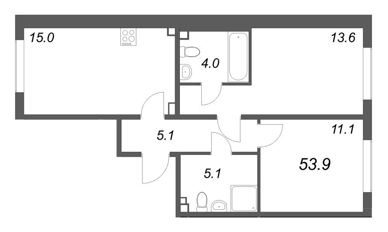 3-комнатная (Евро) квартира, 53.9 м² в ЖК "Пулково Лейк" - планировка, фото №1