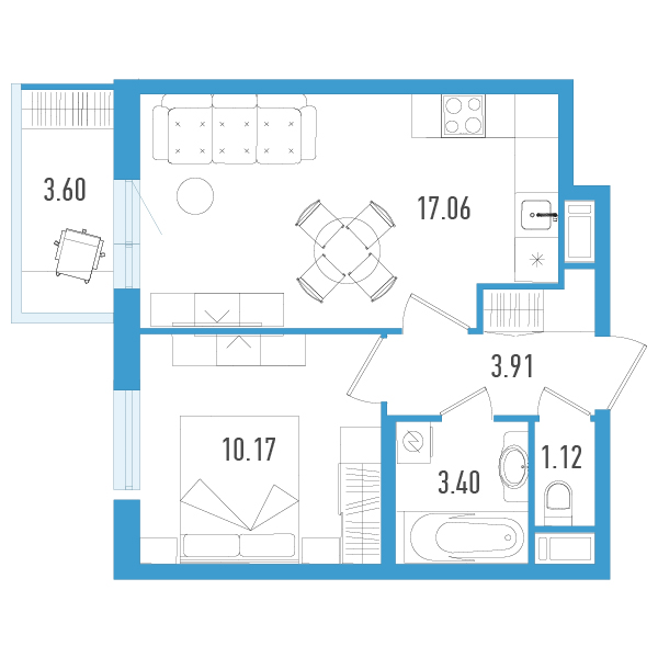 2-комнатная (Евро) квартира, 36.74 м² - планировка, фото №1