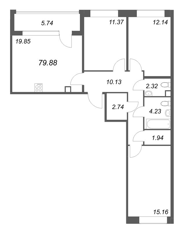 4-комнатная (Евро) квартира, 79.88 м² в ЖК "Дом на Курской" - планировка, фото №1