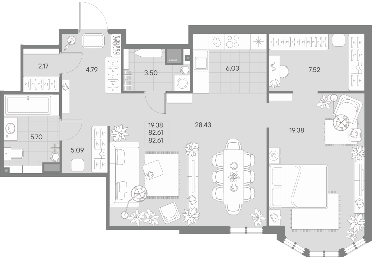 3-комнатная (Евро) квартира, 82.61 м² в ЖК "Amo" - планировка, фото №1