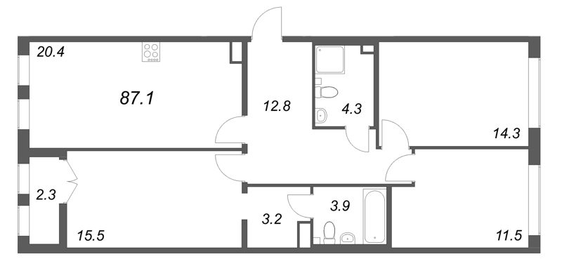 4-комнатная (Евро) квартира, 87.1 м² в ЖК "Кронунг ЮГ" - планировка, фото №1