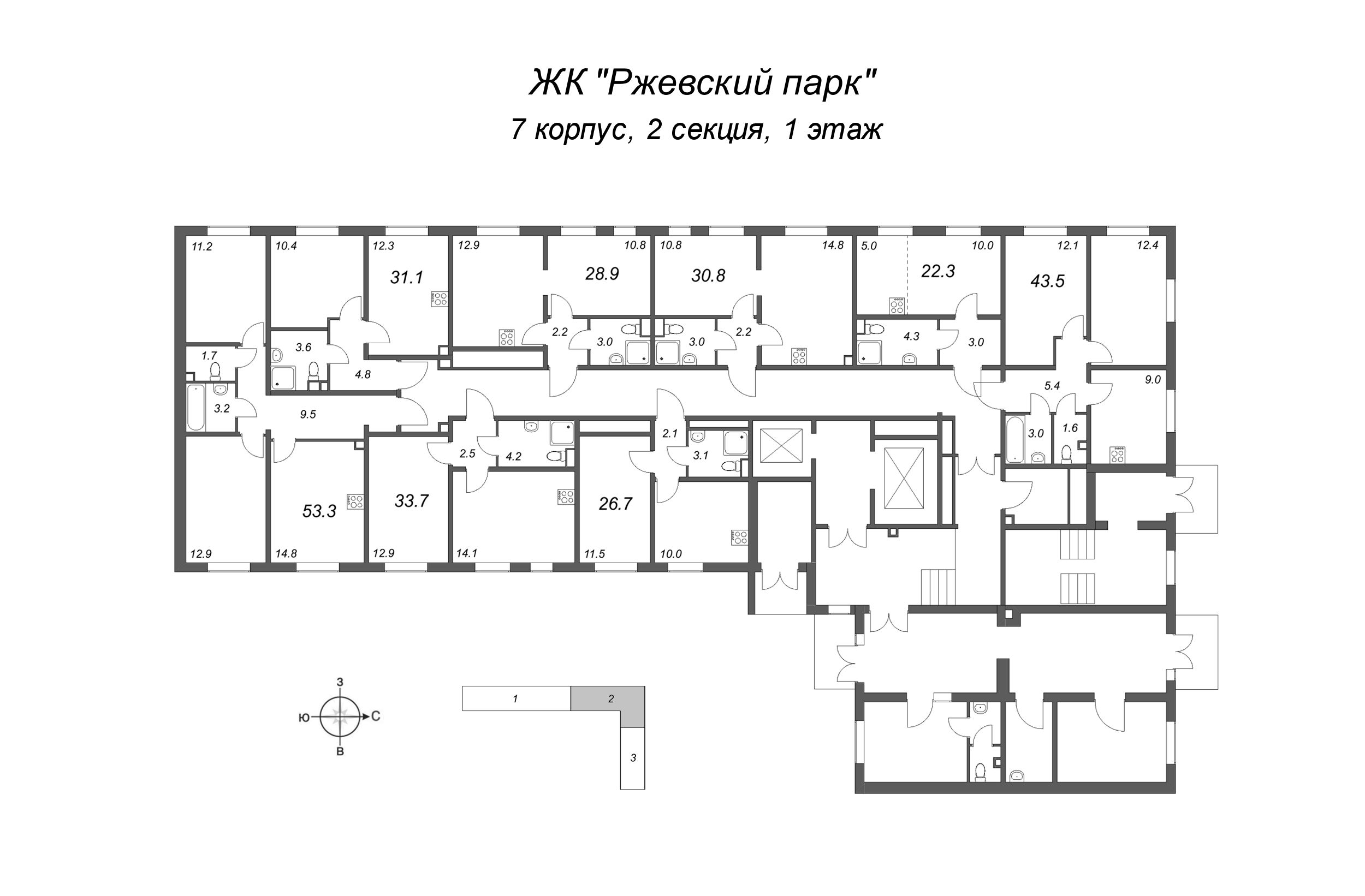 1-комнатная квартира, 31.1 м² в ЖК "ЛСР. Ржевский парк" - планировка этажа