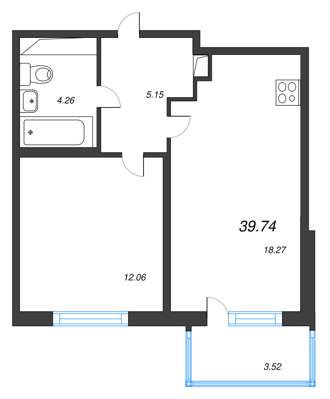 2-комнатная (Евро) квартира, 39.74 м² в ЖК "ЮгТаун" - планировка, фото №1