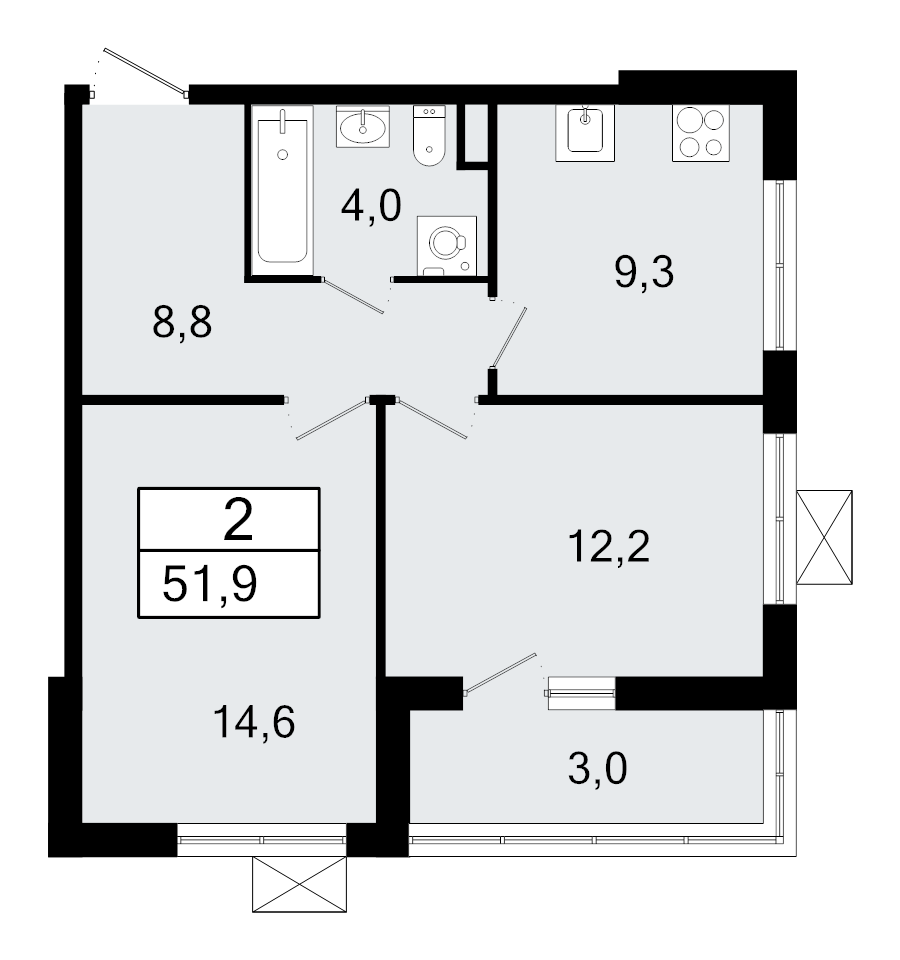 2-комнатная квартира, 51.9 м² - планировка, фото №1