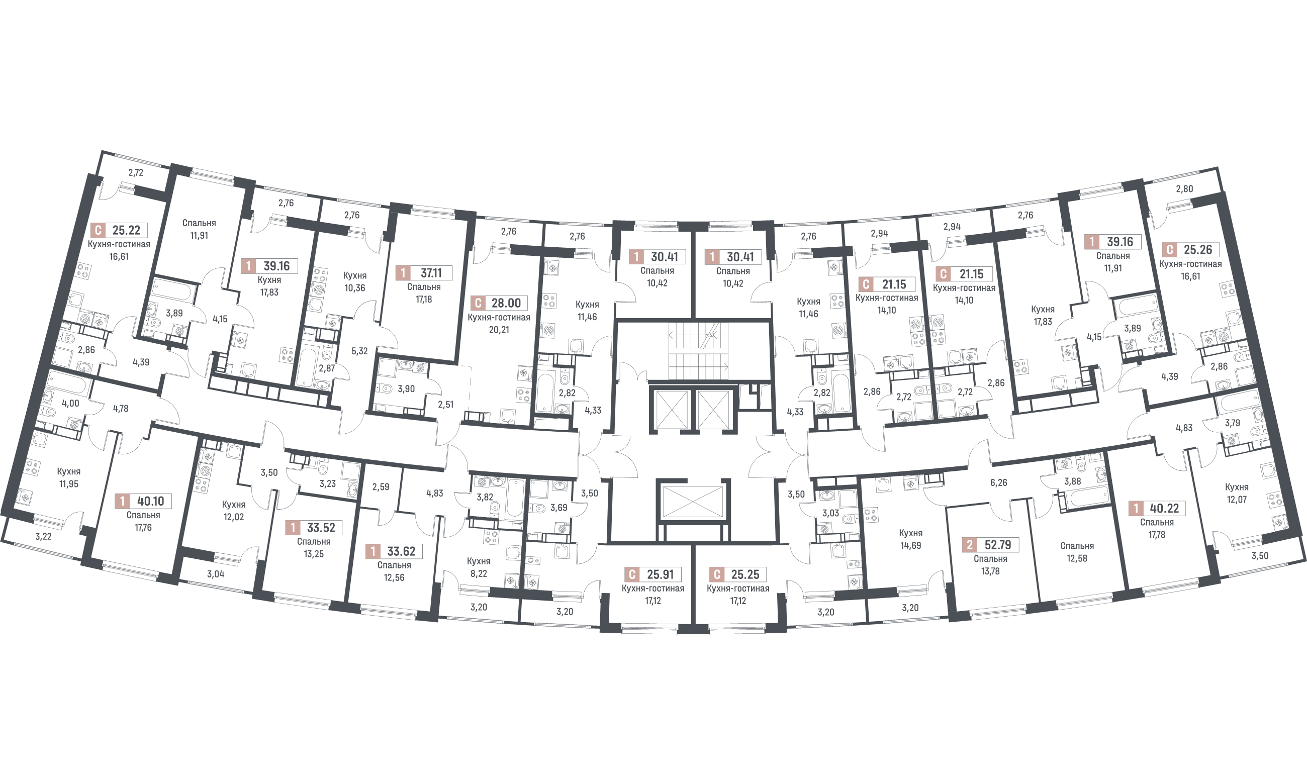 2-комнатная квартира, 52.79 м² в ЖК "Авиатор" - планировка этажа