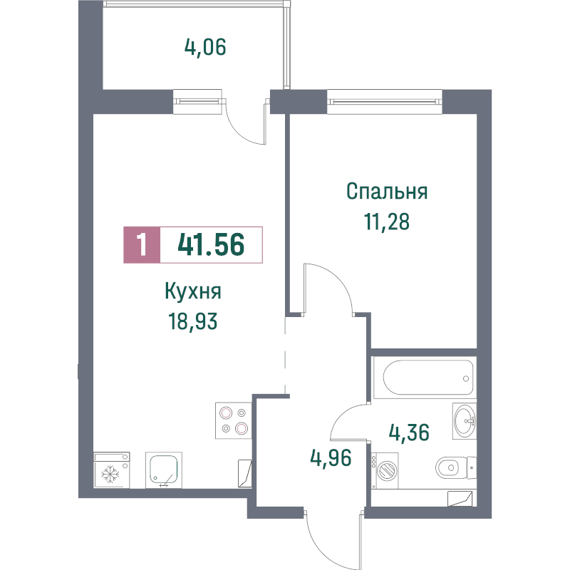 2-комнатная (Евро) квартира, 41.56 м² - планировка, фото №1