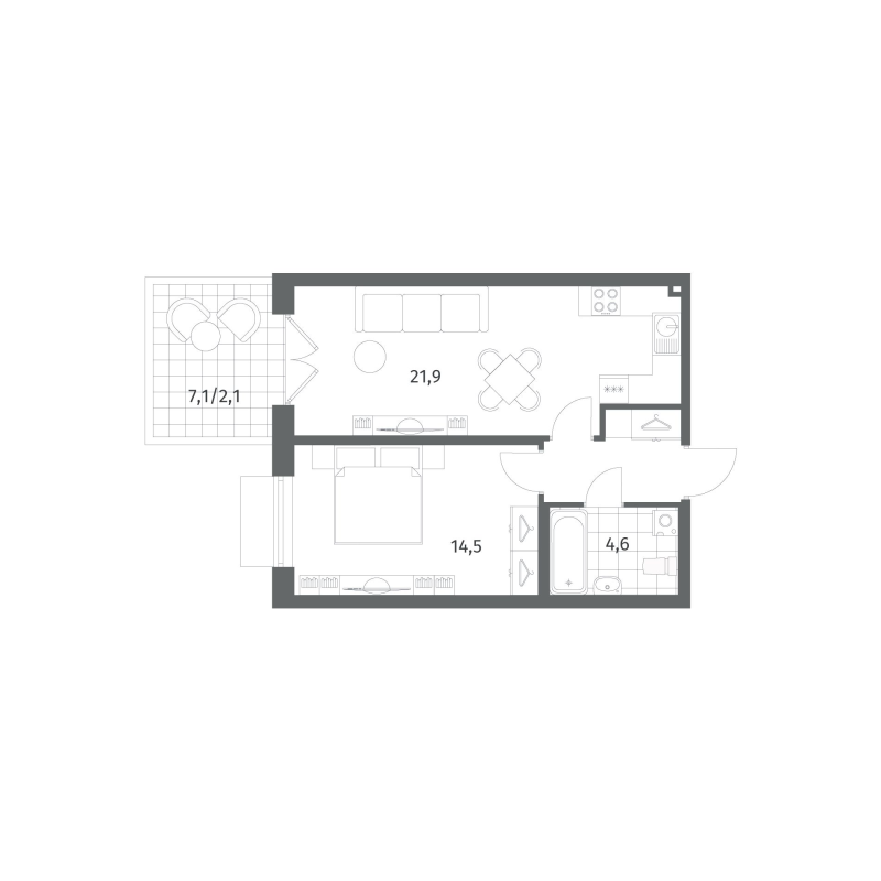 2-комнатная (Евро) квартира, 47.4 м² в ЖК "Парусная 1" - планировка, фото №1