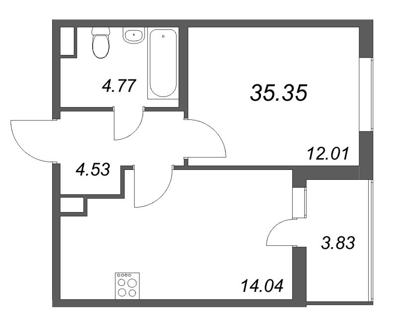 1-комнатная квартира, 35.35 м² - планировка, фото №1