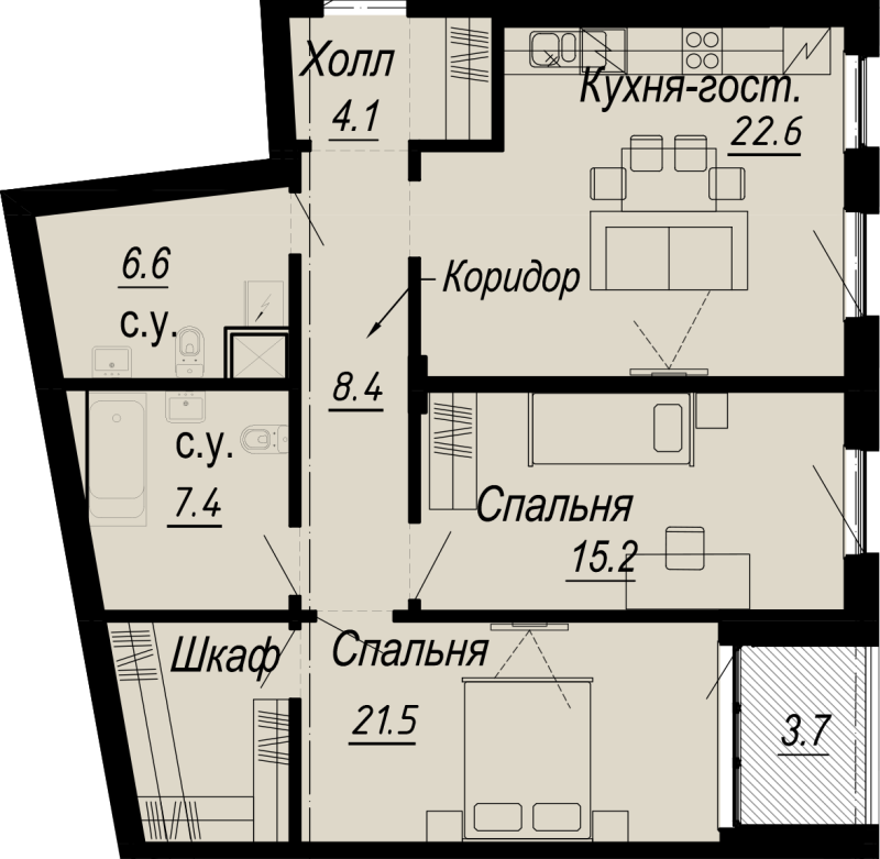 2-комнатная квартира, 87.7 м² - планировка, фото №1