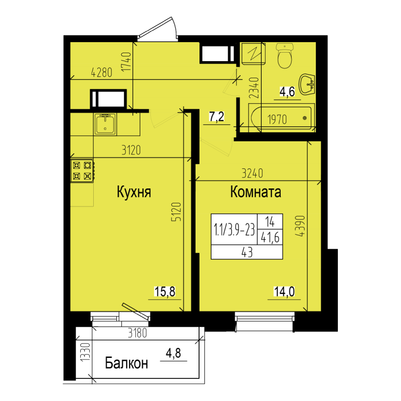 2-комнатная (Евро) квартира, 43 м² - планировка, фото №1