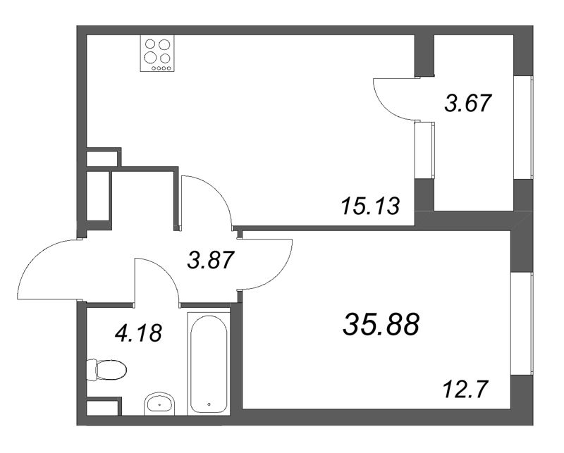 2-комнатная (Евро) квартира, 35.88 м² в ЖК "Дубровский" - планировка, фото №1