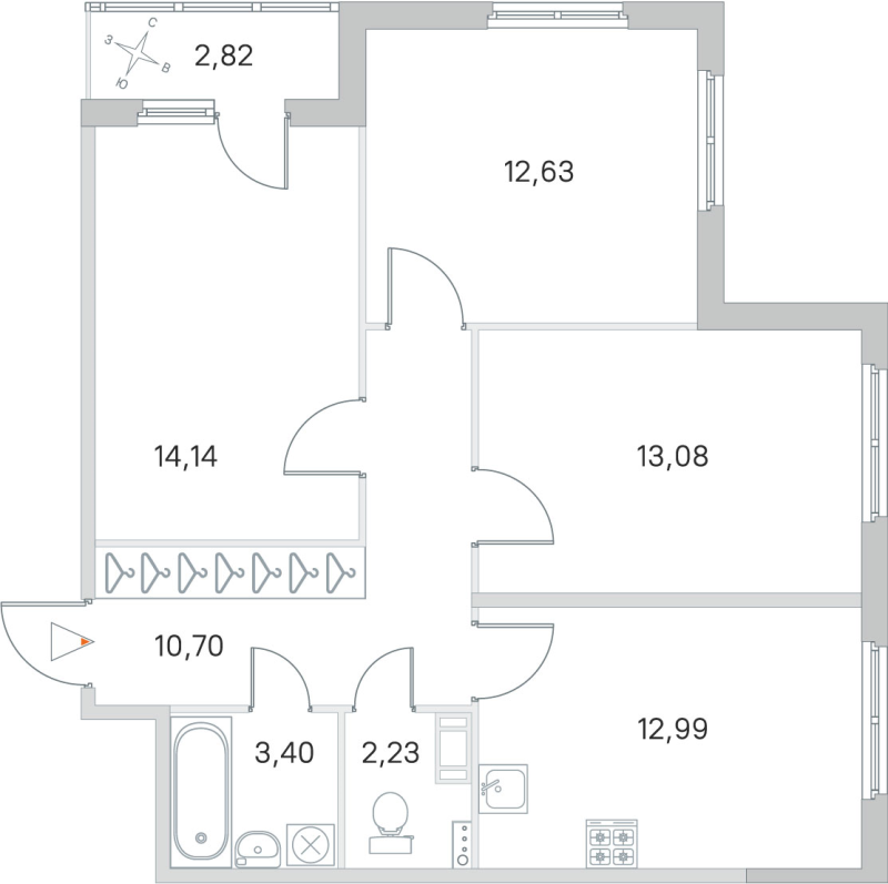 3-комнатная квартира, 69.17 м² в ЖК "Любоград" - планировка, фото №1