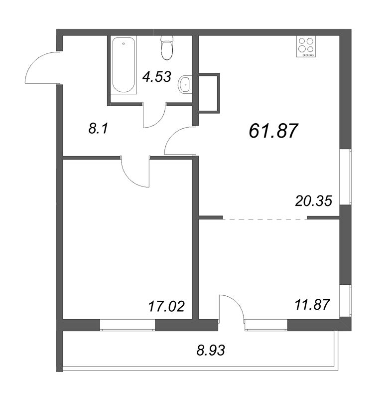 3-комнатная (Евро) квартира, 61.87 м² - планировка, фото №1