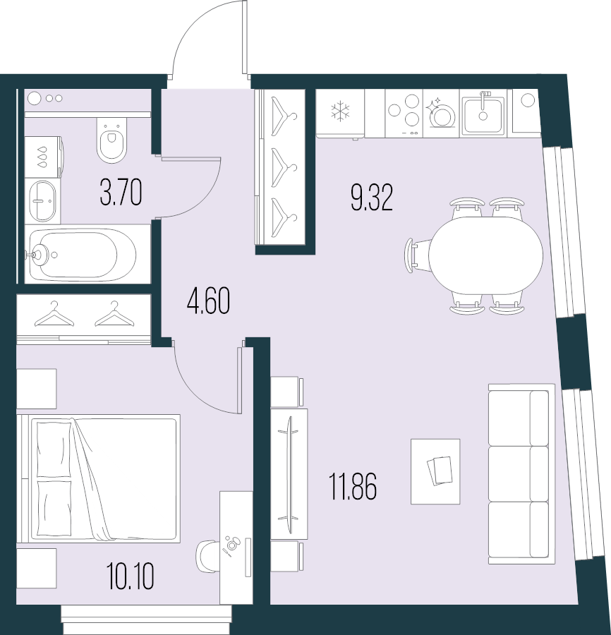 2-комнатная (Евро) квартира, 39.58 м² в ЖК "Новая Земля" - планировка, фото №1
