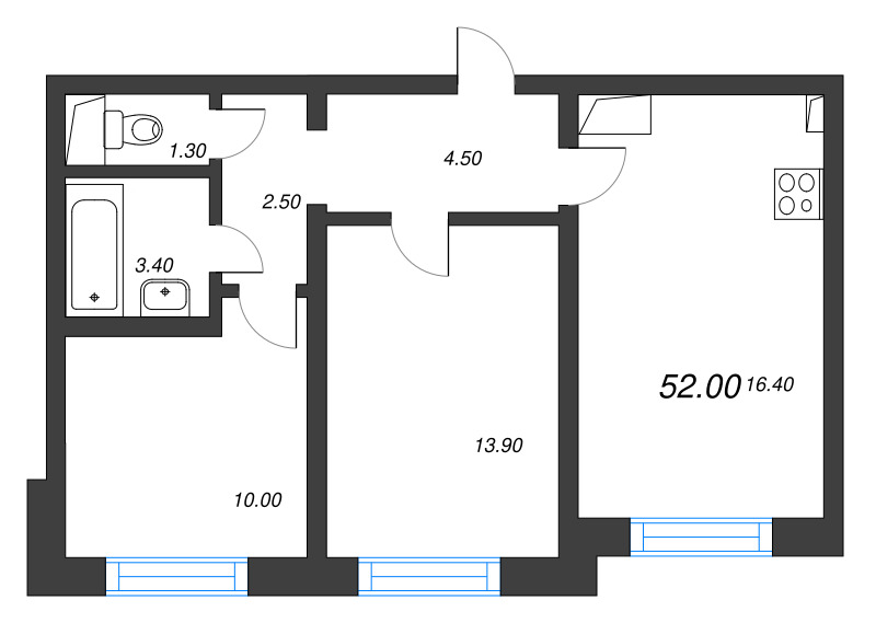 3-комнатная (Евро) квартира, 52 м² - планировка, фото №1