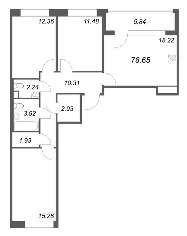4-комнатная (Евро) квартира, 78.65 м² в ЖК "Дом на Курской" - планировка, фото №1