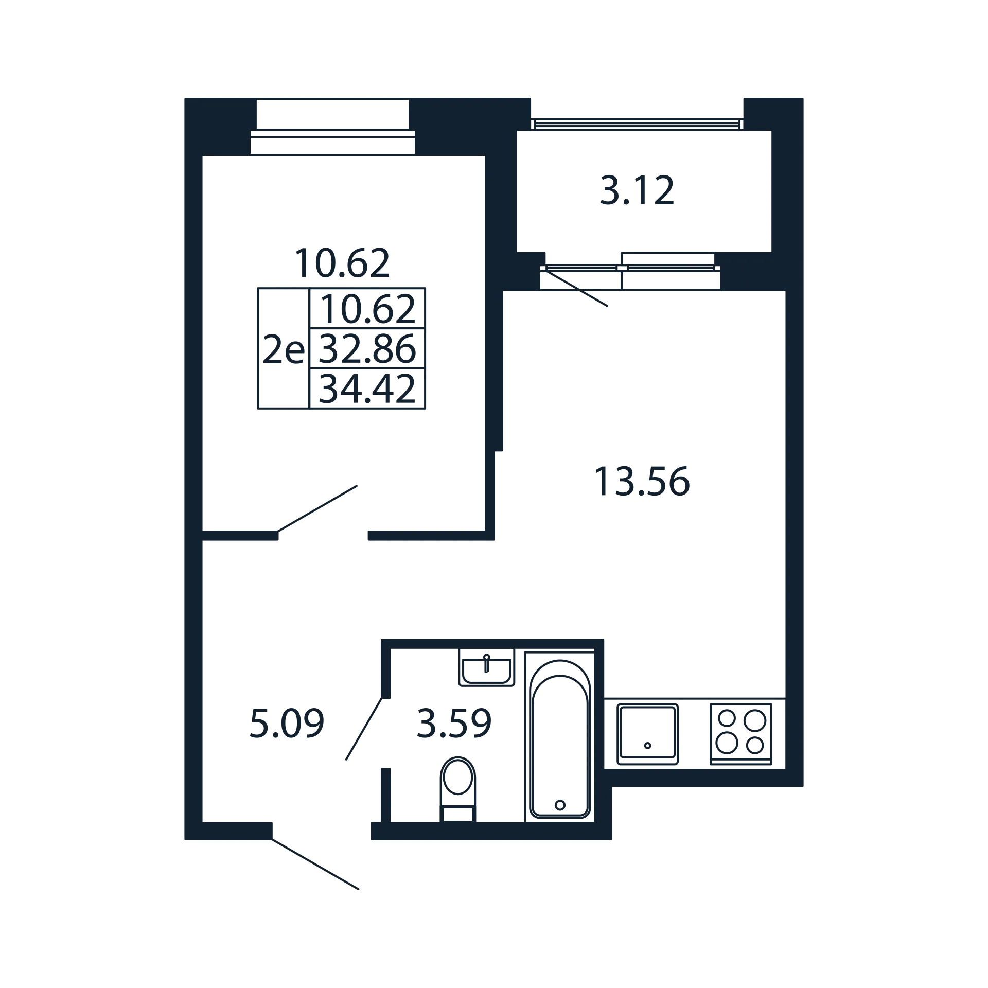 1-комнатная квартира, 32.86 м² - планировка, фото №1