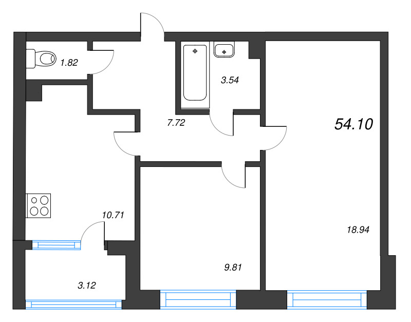 2-комнатная квартира, 54.1 м² в ЖК "Охтинские высоты" - планировка, фото №1