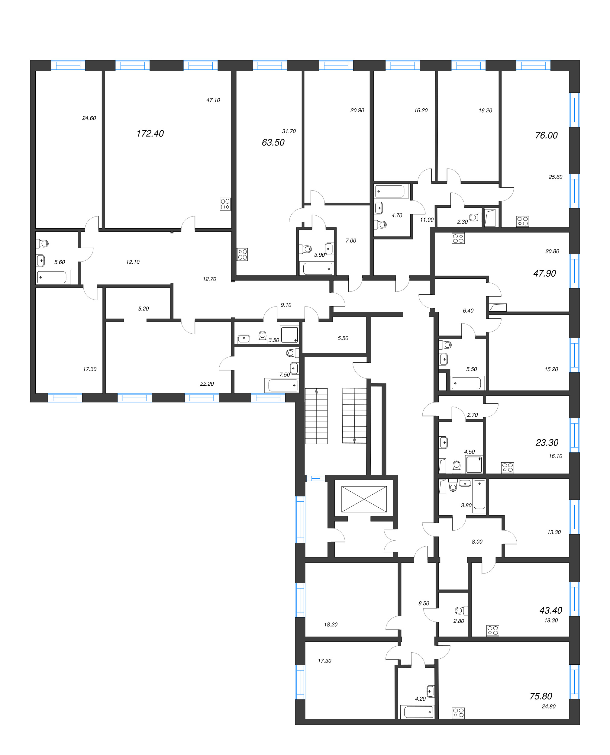 4-комнатная (Евро) квартира, 172.4 м² - планировка этажа