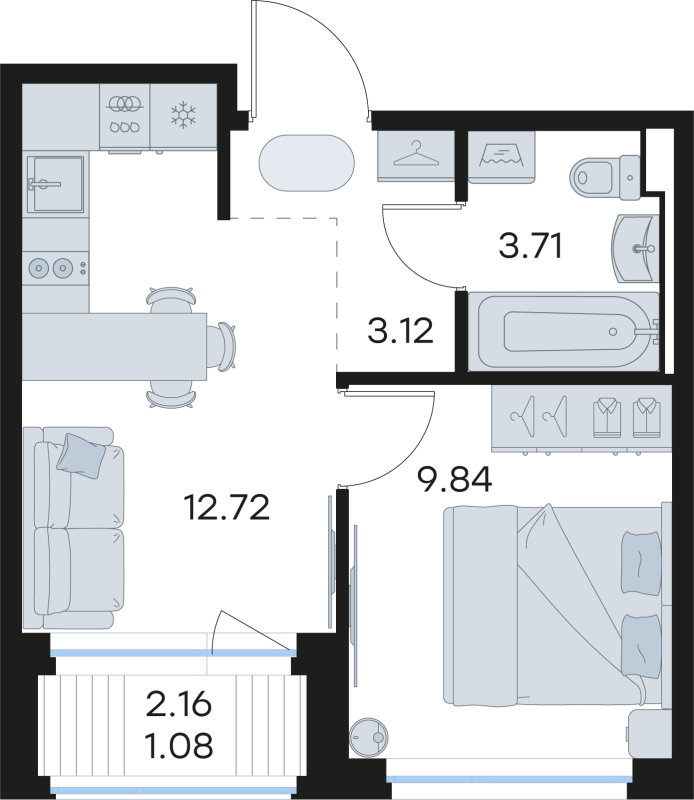 1-комнатная квартира, 30.47 м² в ЖК "Новоселье" - планировка, фото №1