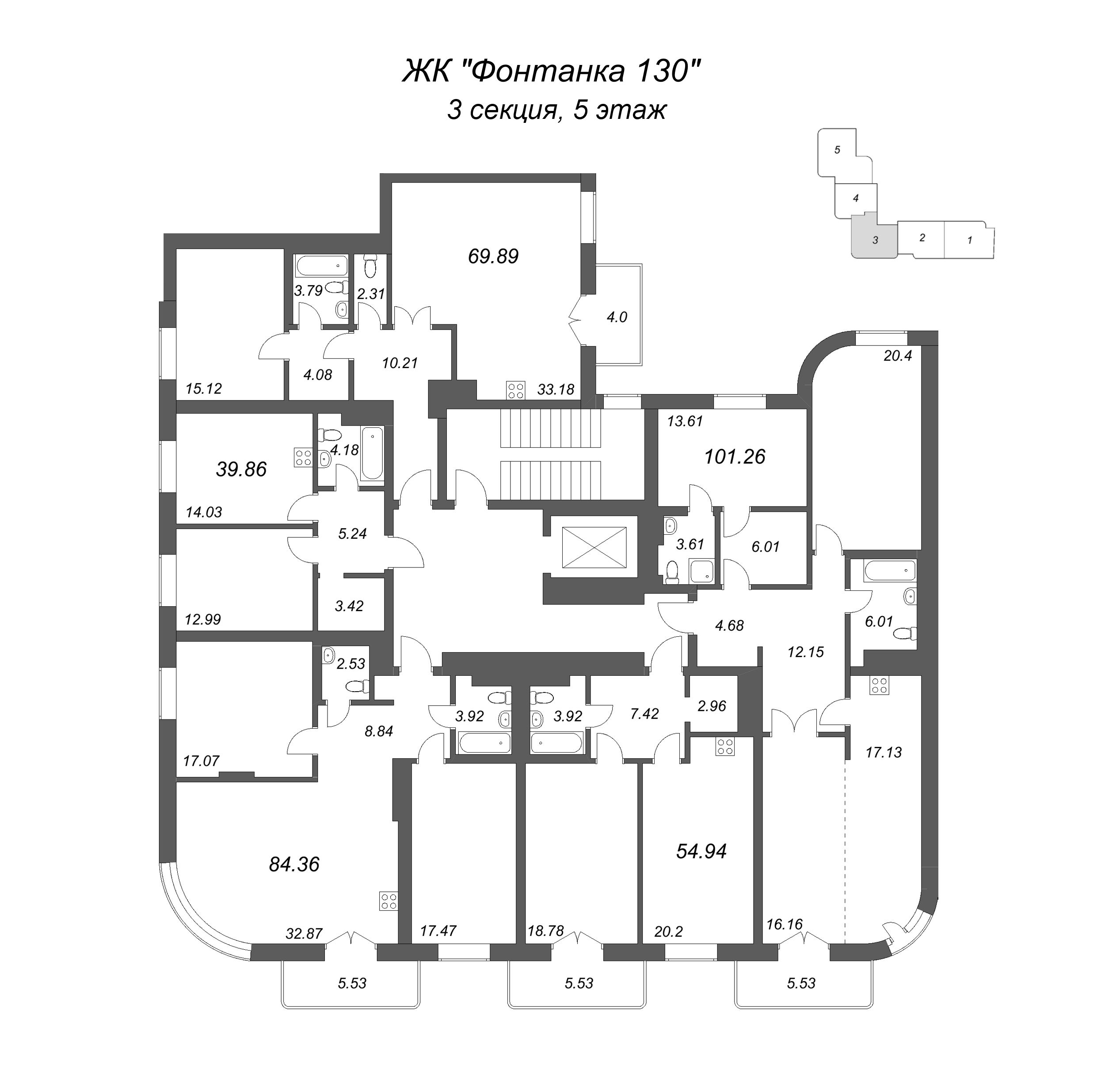 1-комнатная квартира, 39.86 м² в ЖК "Фонтанка 130" - планировка этажа