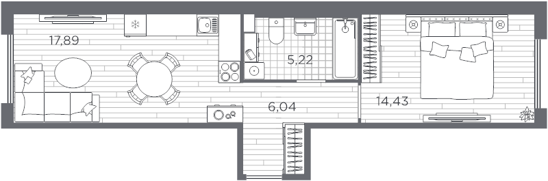 2-комнатная (Евро) квартира, 43.58 м² в ЖК "PLUS Пулковский" - планировка, фото №1