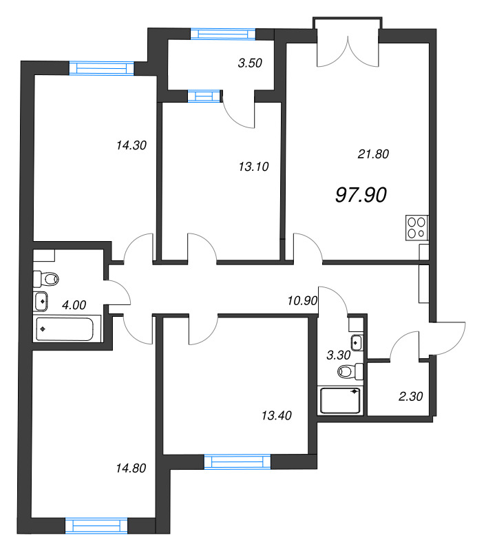 5-комнатная (Евро) квартира, 97.9 м² в ЖК "Дубровский" - планировка, фото №1