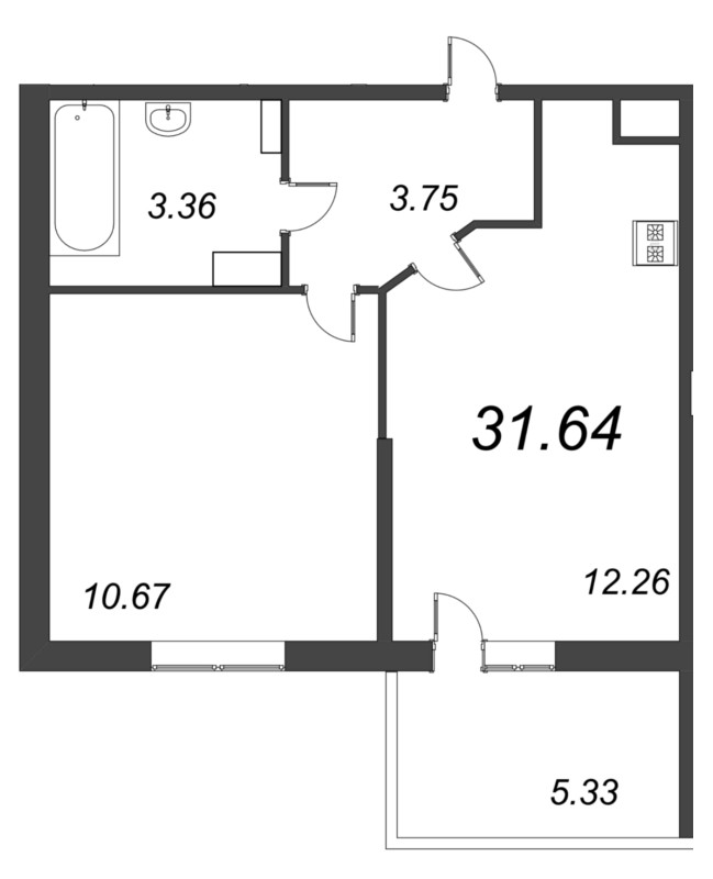 1-комнатная квартира, 31.5 м² - планировка, фото №1