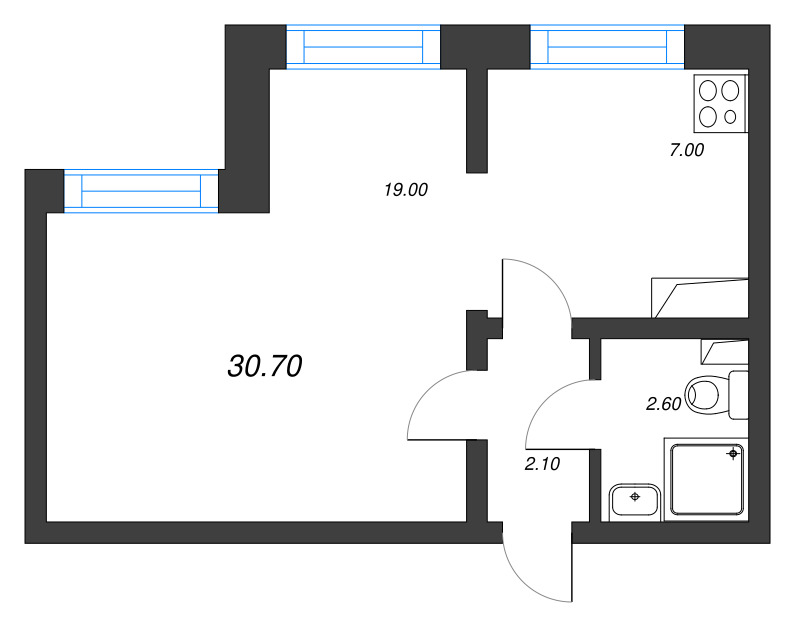 1-комнатная квартира, 30.7 м² в ЖК "Цветной город" - планировка, фото №1