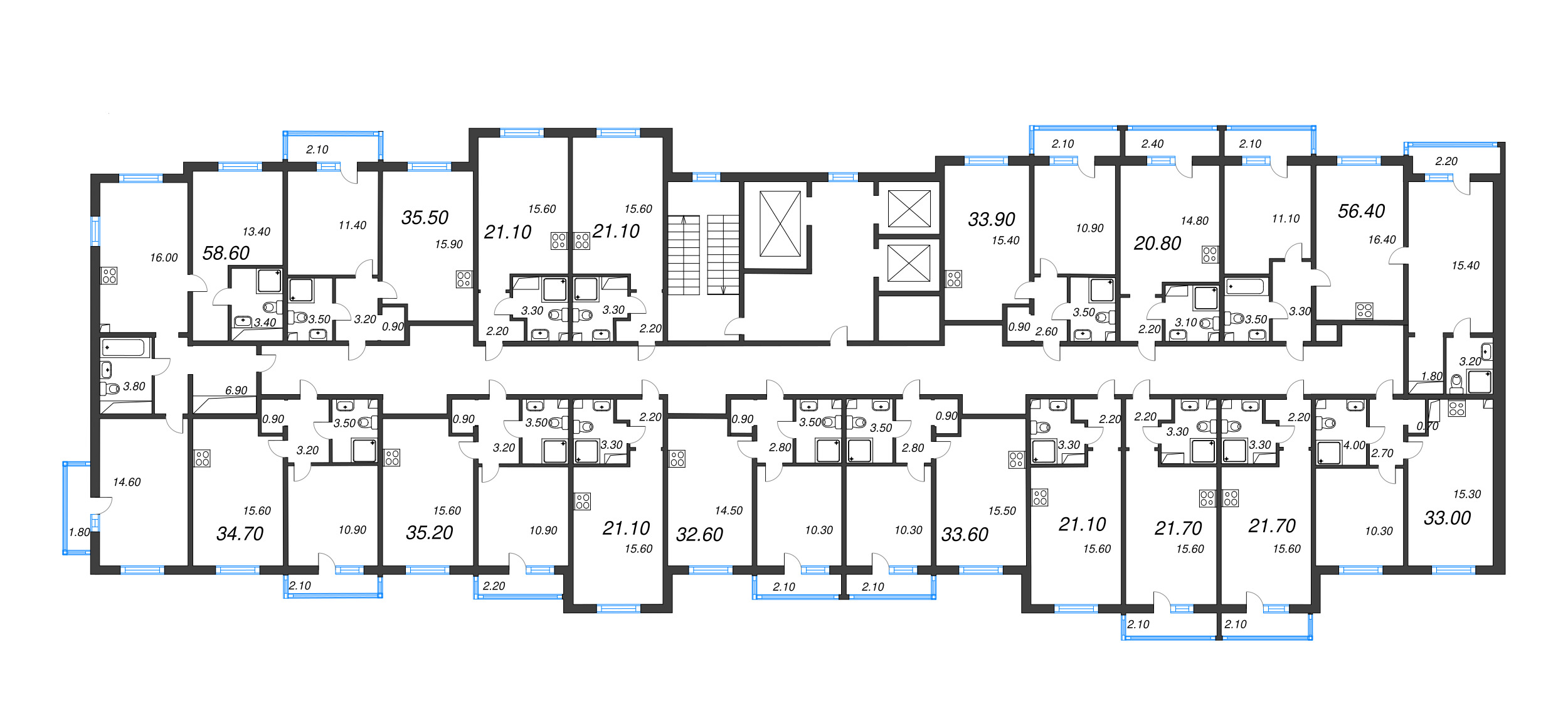 3-комнатная (Евро) квартира, 56.4 м² в ЖК "Дыбенко Парк" - планировка этажа