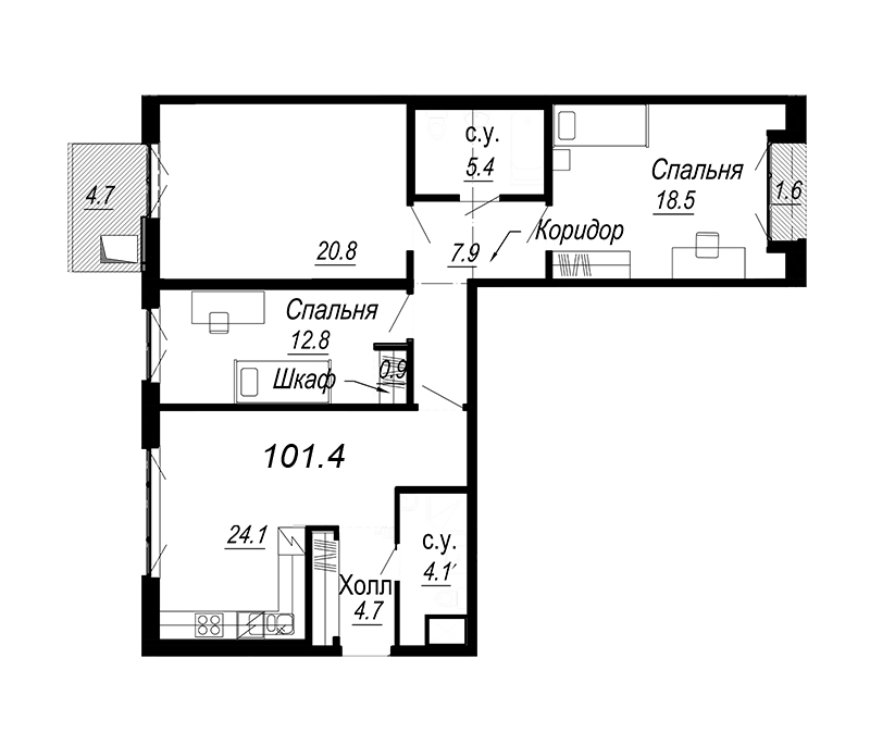 3-комнатная квартира, 102.74 м² - планировка, фото №1