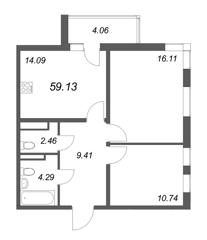 2-комнатная квартира, 59.13 м² в ЖК "Новая история" - планировка, фото №1