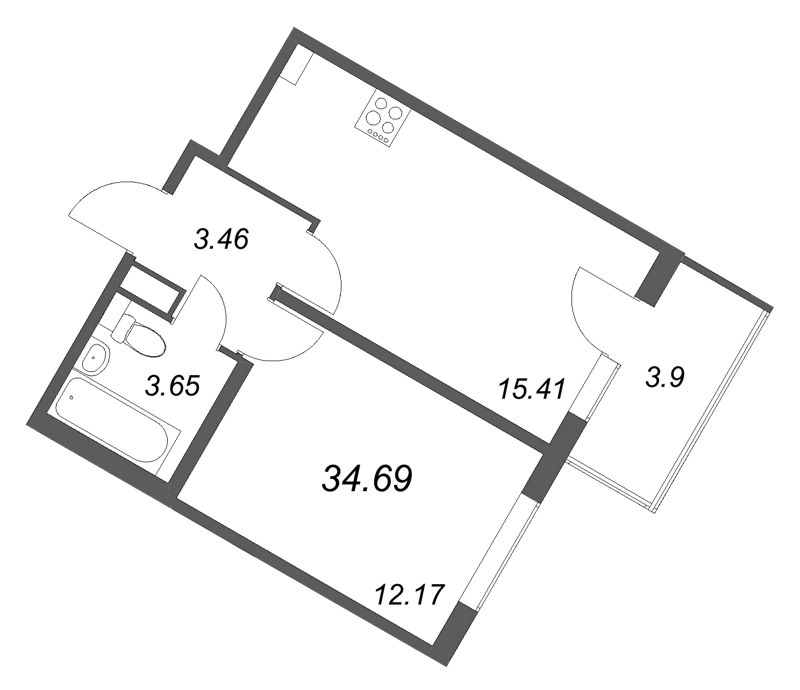 2-комнатная (Евро) квартира, 34.69 м² в ЖК "Любоград" - планировка, фото №1
