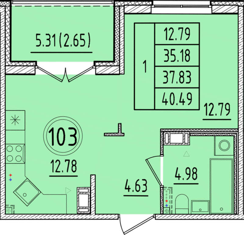 1-комнатная квартира, 35.18 м² - планировка, фото №1