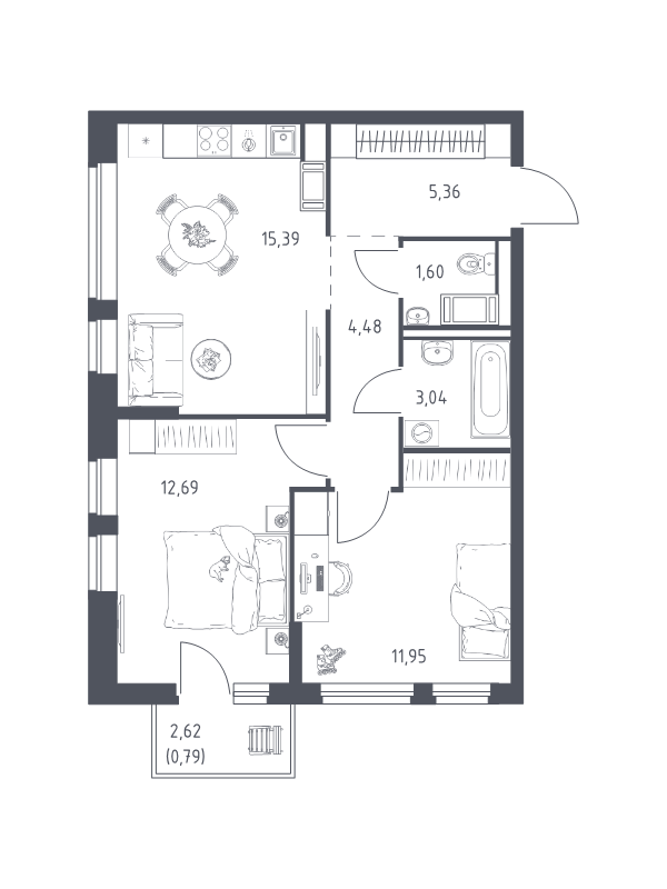 3-комнатная (Евро) квартира, 55.3 м² - планировка, фото №1