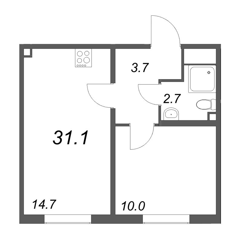 1-комнатная квартира, 31.1 м² - планировка, фото №1