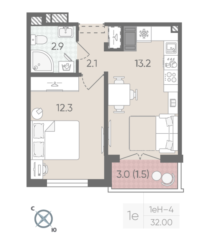 1-комнатная квартира, 32 м² в ЖК "Пейзажный квартал" - планировка, фото №1