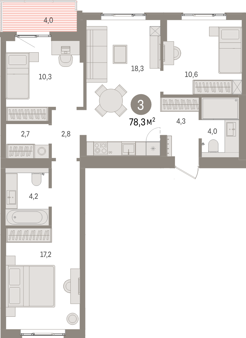 4-комнатная (Евро) квартира, 78.3 м² в ЖК "Брусника в Новоселье" - планировка, фото №1