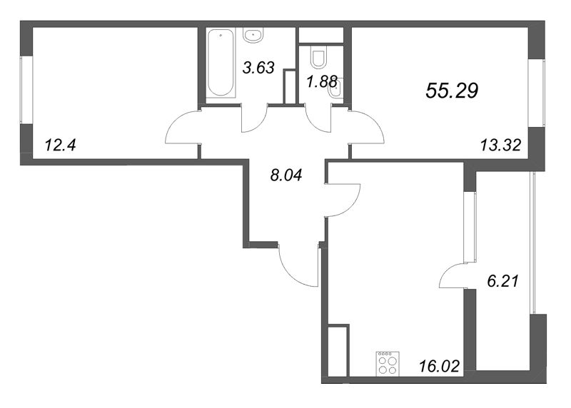 3-комнатная (Евро) квартира, 55.29 м² в ЖК "ЮгТаун" - планировка, фото №1