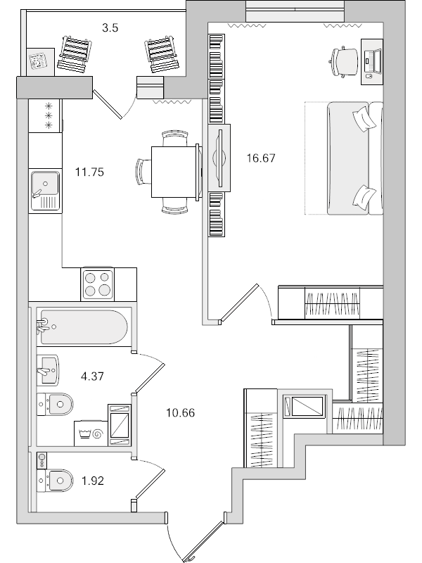 1-комнатная квартира, 45.37 м² - планировка, фото №1
