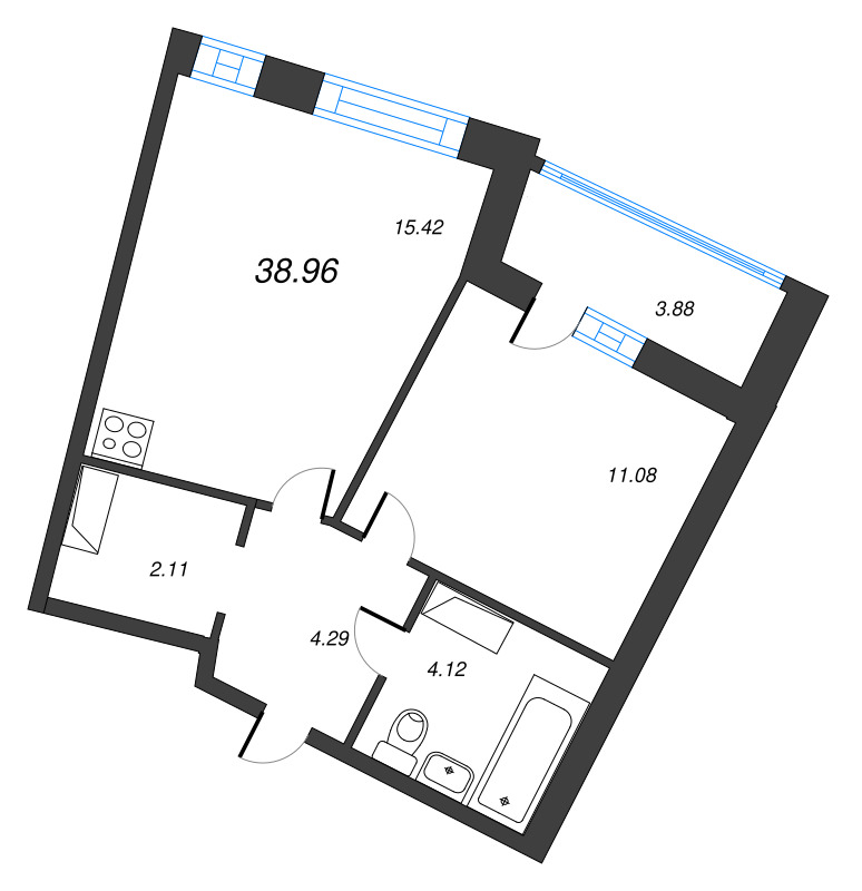 2-комнатная (Евро) квартира, 38.96 м² в ЖК "Дом Левитан" - планировка, фото №1