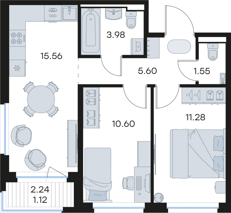 3-комнатная (Евро) квартира, 49.69 м² - планировка, фото №1