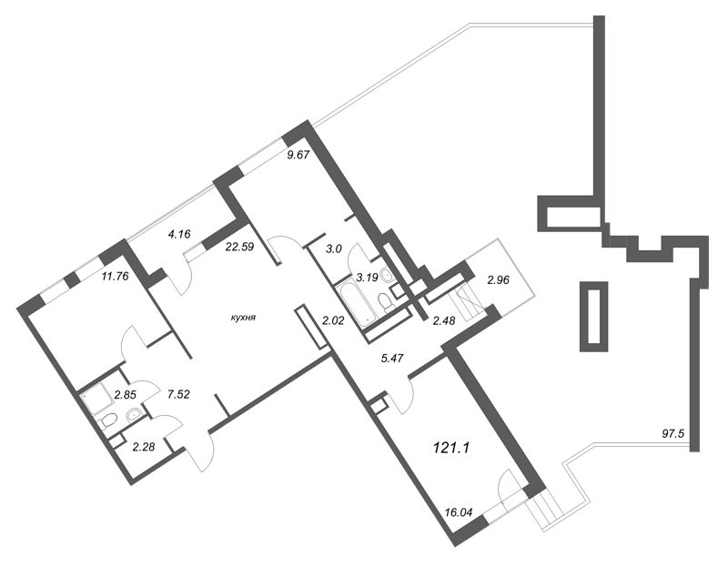 4-комнатная (Евро) квартира, 121.1 м² в ЖК "Белый остров" - планировка, фото №1