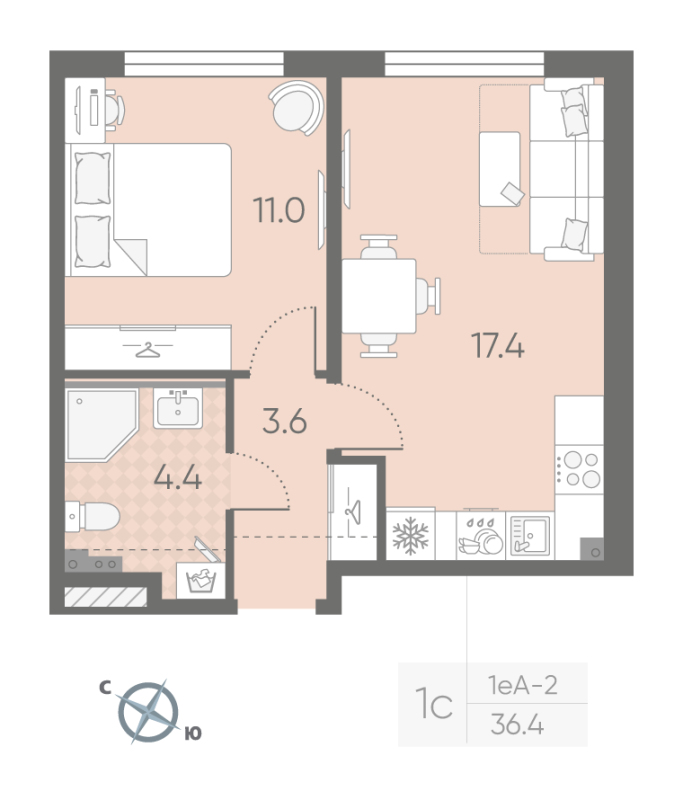 2-комнатная (Евро) квартира, 36.4 м² в ЖК "Пулково Lake" - планировка, фото №1