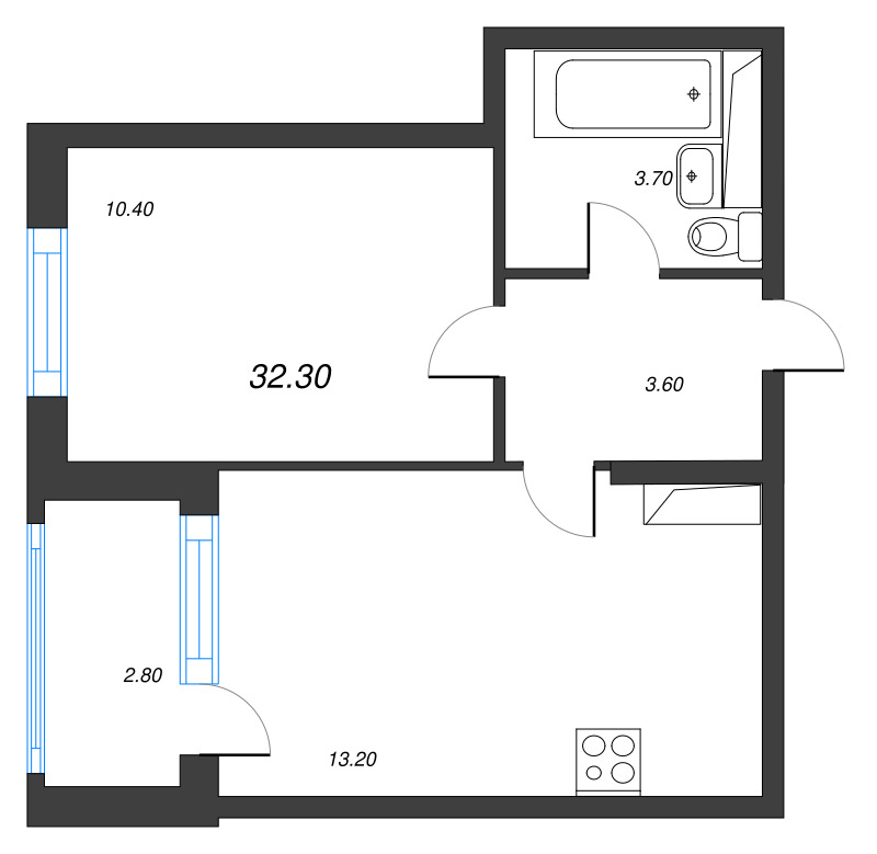 2-комнатная (Евро) квартира, 32.3 м² в ЖК "Тайм Сквер" - планировка, фото №1