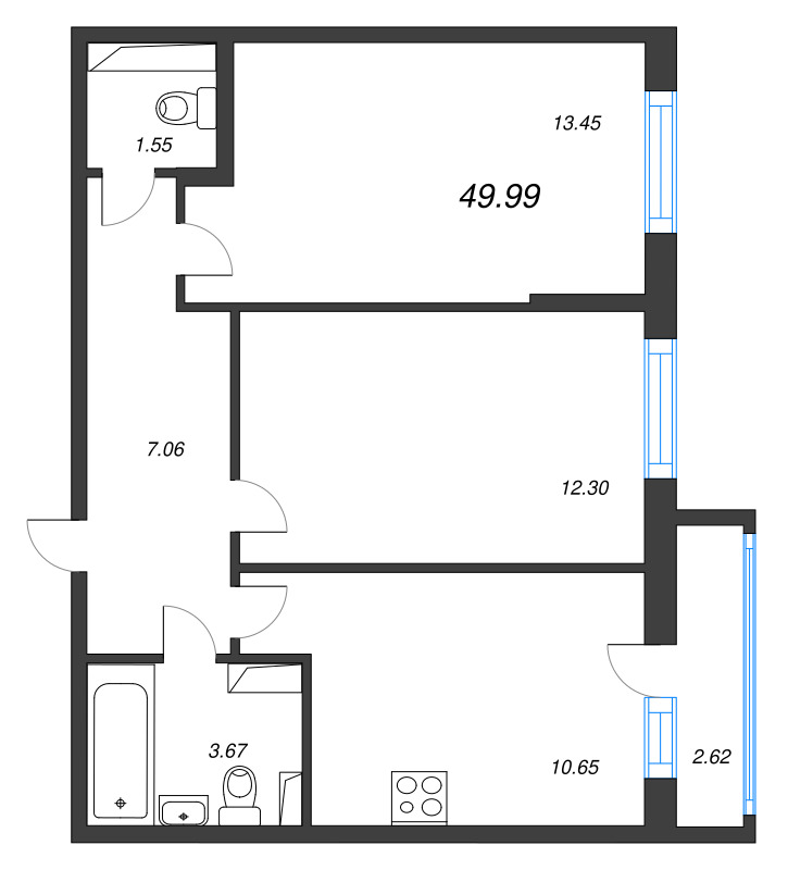 2-комнатная квартира, 49.99 м² - планировка, фото №1