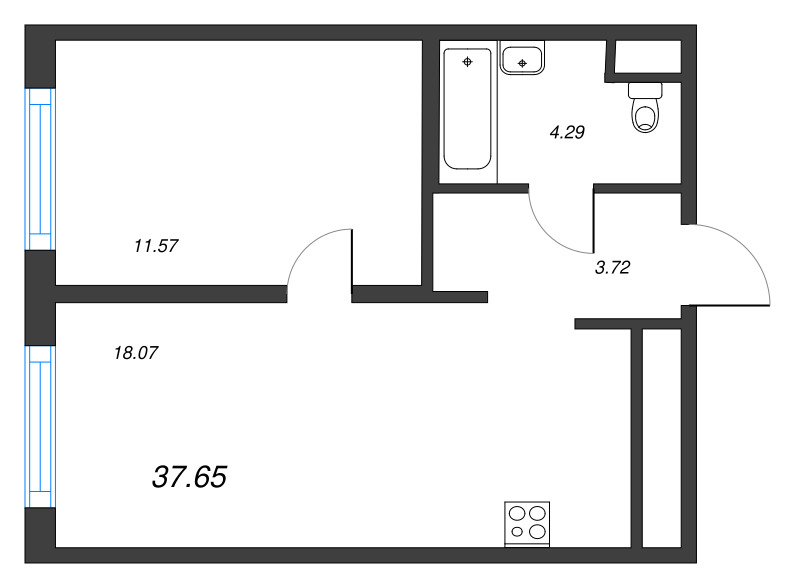 2-комнатная (Евро) квартира, 37.65 м² в ЖК "Legenda Васильевского" - планировка, фото №1