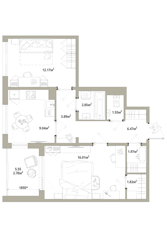2-комнатная квартира, 58.55 м² в ЖК "Тишин" - планировка, фото №1