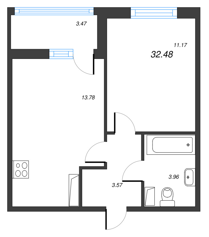 1-комнатная квартира, 31.74 м² - планировка, фото №1